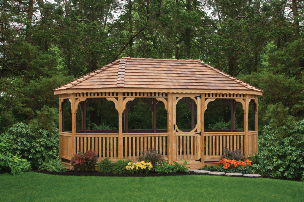 12' x18' Wood Oval, Standard Rails, Victorian Braces, Wavy Fascia, Cedar Shake, Pagoda Roof, Screen Package