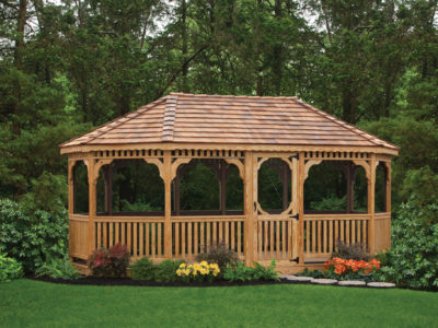 12' x18' Wood Oval, Standard Rails, Victorian Braces, Wavy Fascia, Cedar Shake, Pagoda Roof, Screen Package