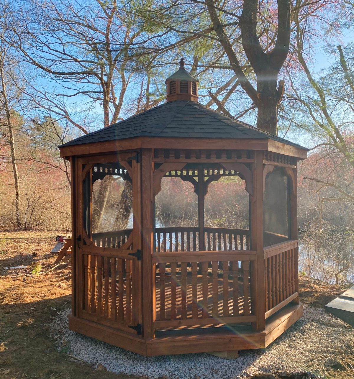 10' Cedar Octagon, Turned Rails, Straight Fascia, Asphalt Shingles, Screen Package, Cedar Stain