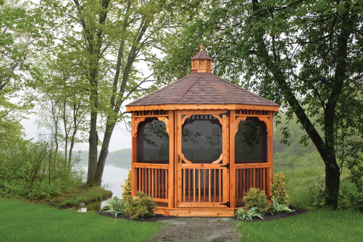 10' Octagon Cedar Gazebo, Square Rails, Straight Fascia, Asphalt Shingles, Screen Package, Cedar Stain