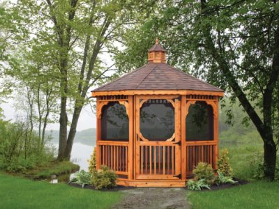 10' Octagon Cedar Gazebo, Square Rails, Straight Fascia, Asphalt Shingles, Screen Package, Cedar Stain