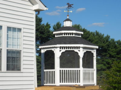 10' Vinyl Octagon, Colonial Rails, Turned Posts, Wavy Fascia, Pagoda Roof, Asphalt Shingles, Screen Package