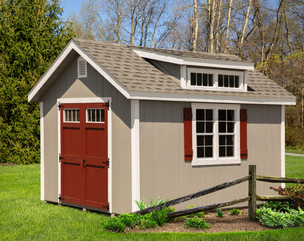 10' x 14' Gable Shed with Dormer - Fox Hollow Grey Shingles