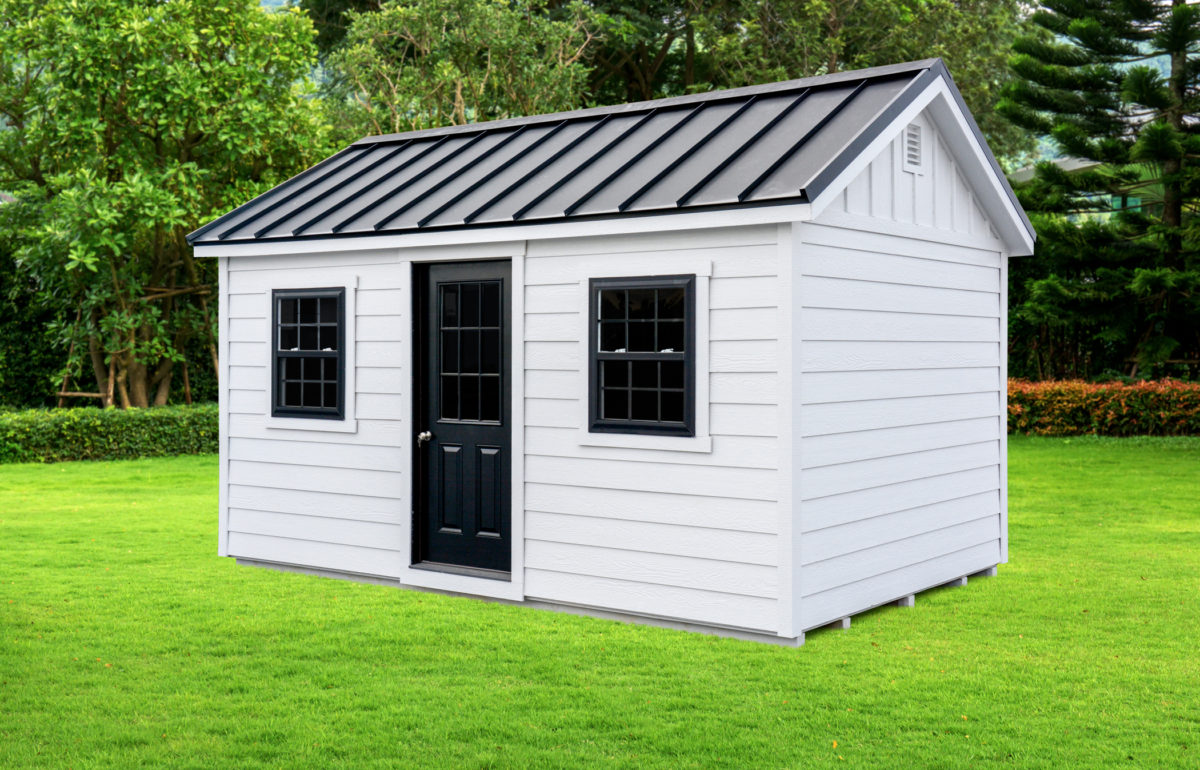 10x16 Gable Shed - LP Lap Siding, 9-Lite Door - Painted Black, Black Standing Seam Metal Roof, Upgraded Black Insulated windows