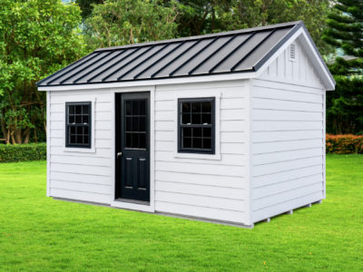 10x16 Gable Shed - LP Lap Siding, 9-Lite Door - Painted Black, Black Standing Seam Metal Roof, Upgraded Black Insulated windows