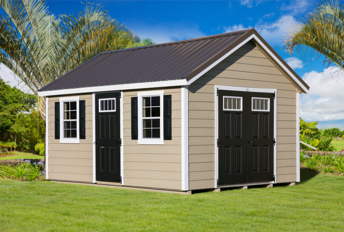 12' x 16' Gable Shed - LP Lap Siding, Shutters, Bronze Metal Roof