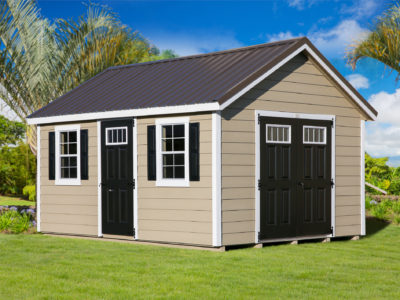 12' x 16' Gable Shed - LP Lap Siding, Shutters, Bronze Metal Roof