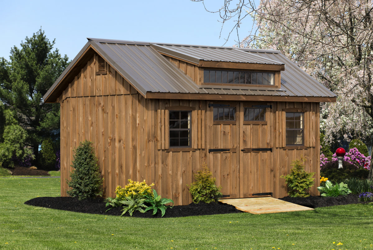 10x14 Pine Board & Batten Shed: Mushroom stain, Metal Roof, Strap hinges, Transom window in doors, Gable vents, Ramp