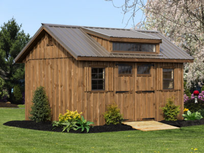 10x14 Pine Board & Batten Shed: Mushroom stain, Metal Roof, Strap hinges, Transom window in doors, Gable vents, Ramp