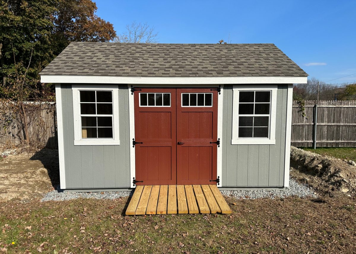 10x14 A-Frame Gable Shed - LP SmartSide Slate Gray Siding, White Trim, Country Lane Red Door