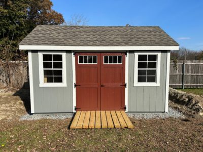 10x14 A-Frame Gable Shed - LP SmartSide Slate Gray Siding, White Trim, Country Lane Red Door