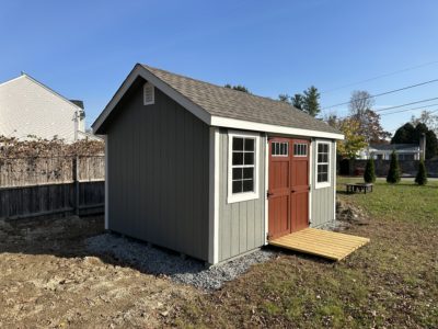 10x14 A-Frame Gable Shed - LP SmartSide Slate Gray Siding, White Trim, Country Lane Red Door