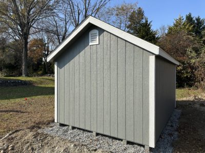 10x14 A-Frame Gable Shed - LP SmartSide Slate Gray Siding, White Trim, Country Lane Red Door