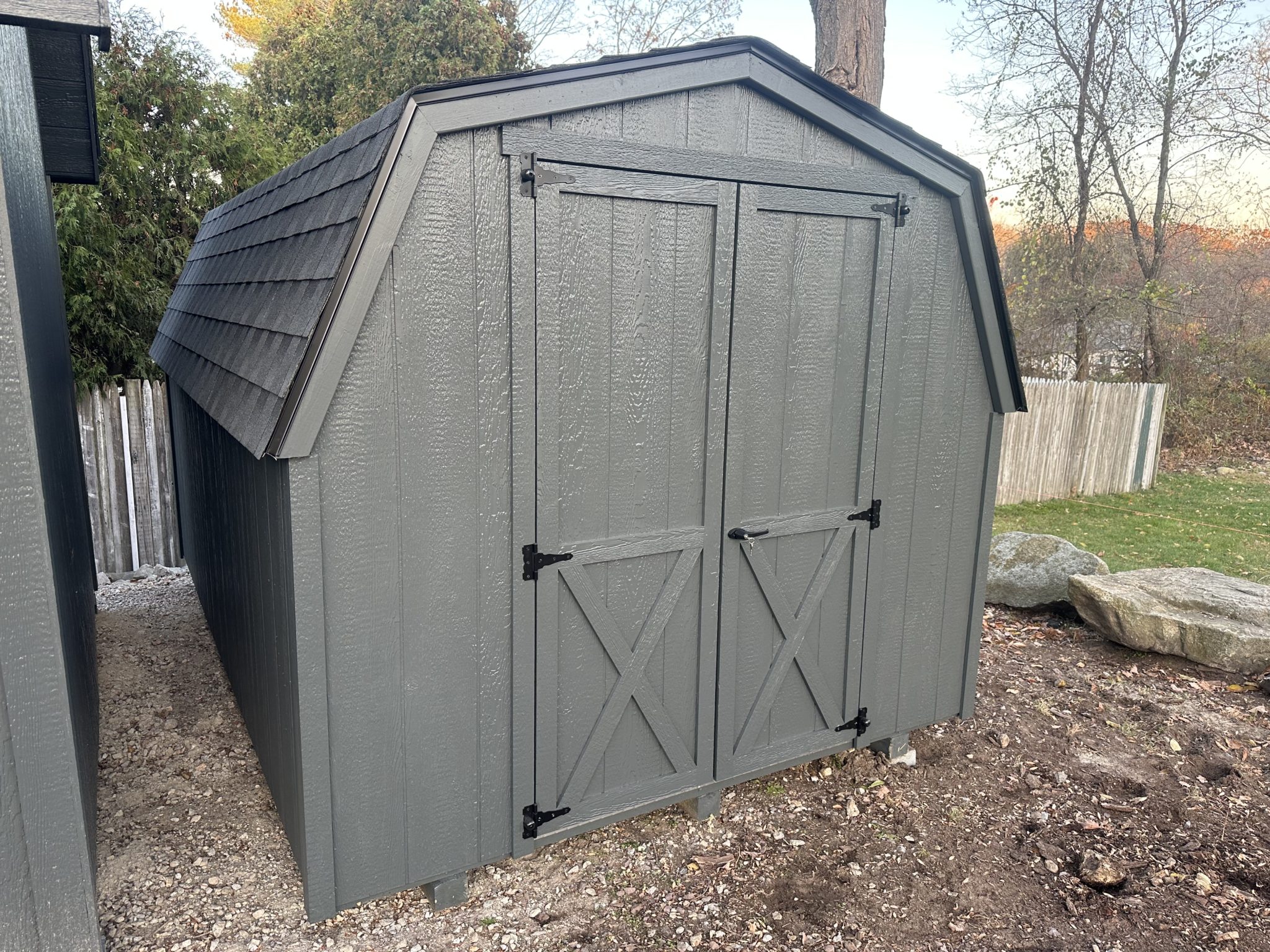 8x12 Mini Barn shown in Iron Grey Paint, Charcoal Shingles