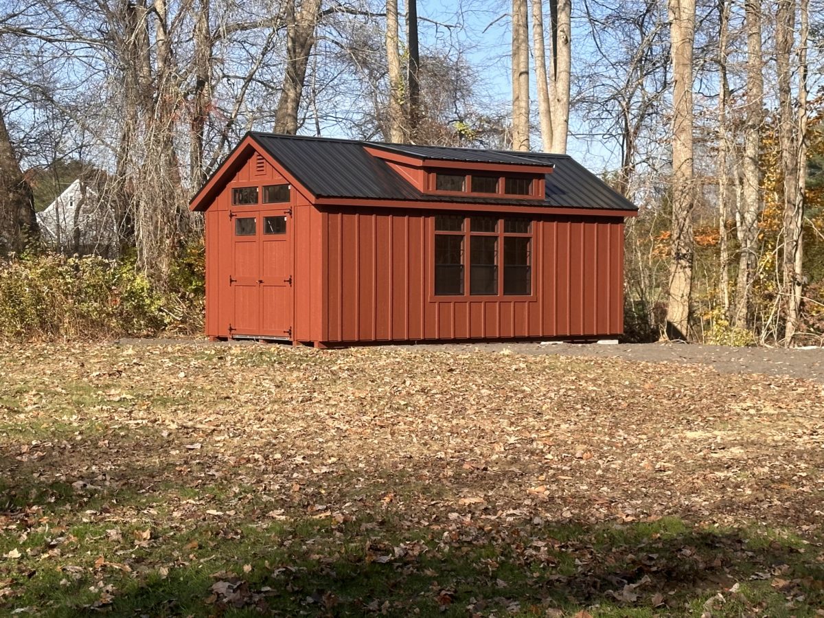 10x20 Gable Shed with Dormer, Transom Window, Transom Window Above Windows, Black Metal Roof - Board & Batten shown in Country Lane Red