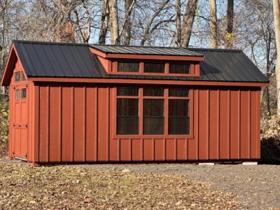 10x20 Gable Shed with Dormer, Transom Window, Transom Window Above Windows, Black Metal Roof - Board & Batten shown in Country Lane Red