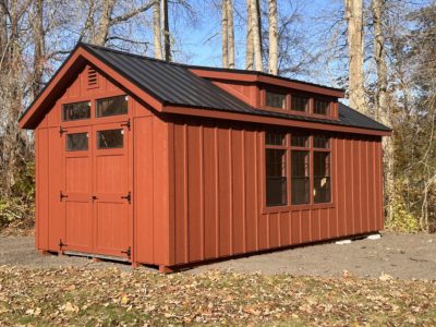 10x20 Gable Shed with Dormer, Transom Window, Transom Window Above Windows, Black Metal Roof - Board & Batten shown in Country Lane Red