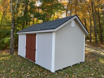 10x16 Gable Shed - LP Smartside Pearl Grey Siding, White Trim, Country Lane Red Door, Charcoal Shingles