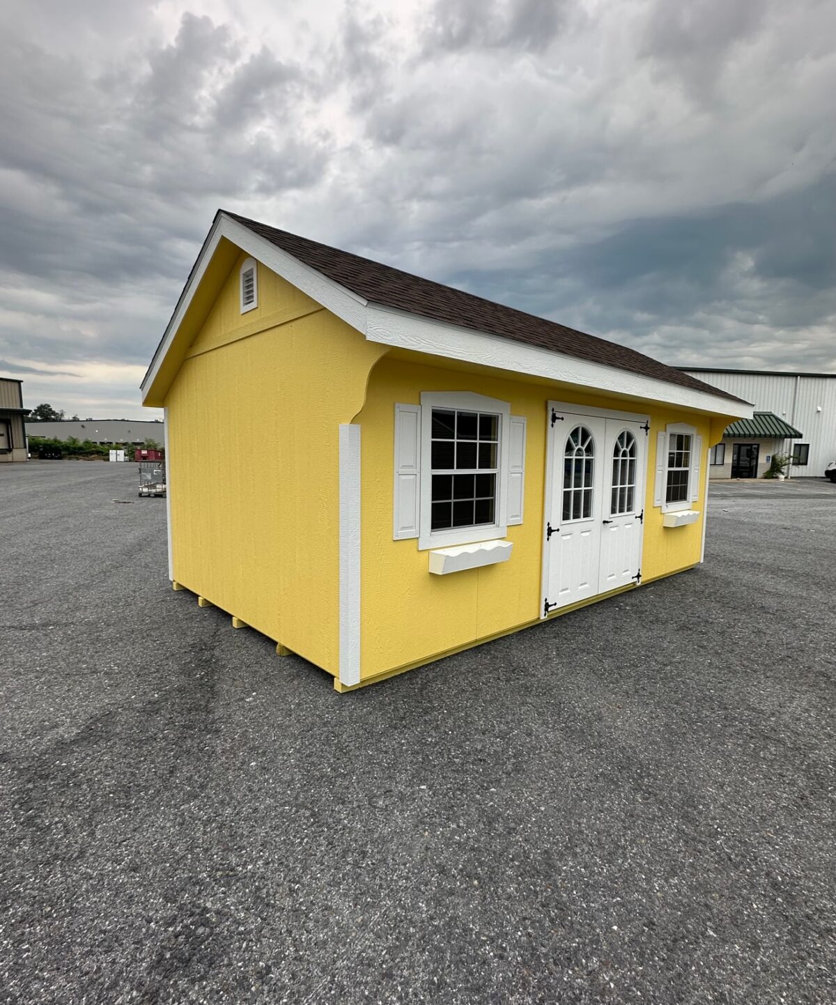 12' x 20' Saltbox "Quaker" Shed - LP SmartSide Siding, 6' Fiberglass Double Door (11 Lite), 6" Higher Walls, Custom Siding Color (Honey Bees), White Trim, Hickory Shingles, Flower Boxes, 30x36 Windows