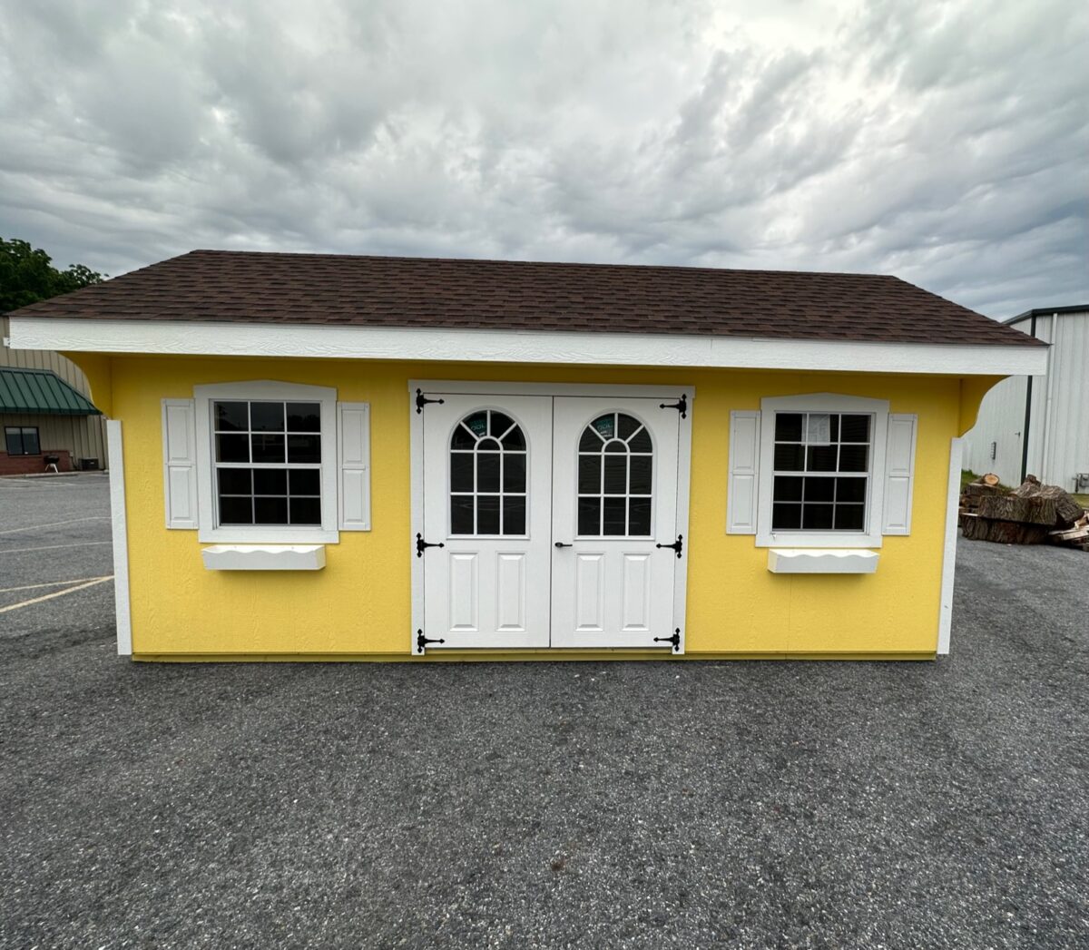 12' x 20' Saltbox "Quaker" Shed - LP SmartSide Siding, 6' Fiberglass Double Door (11 Lite), 6" Higher Walls, Custom Siding Color (Honey Bees), White Trim, Hickory Shingles, Flower Boxes, 30x36 Windows